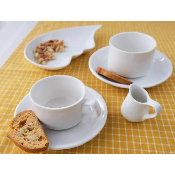 Thick and durable white ceramic coffee cup with convenient design with support plate below