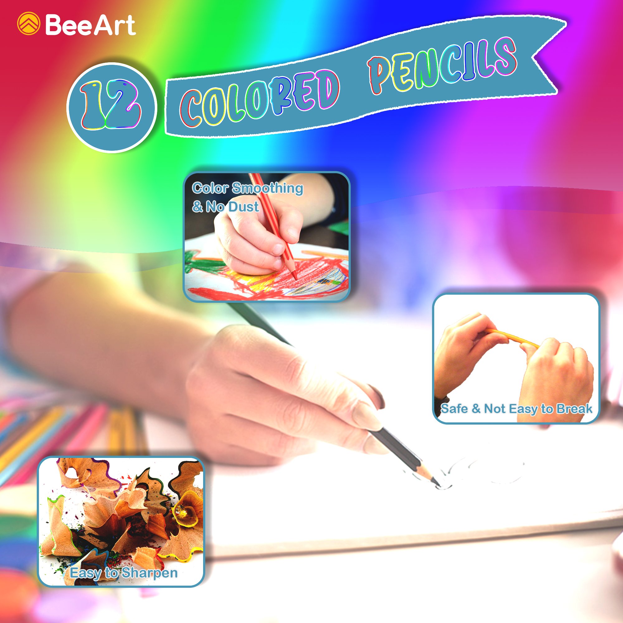 BeeArt Erase Colored Pencils, Plastic, Multicolor coloring for adult and kids, Pack of 12