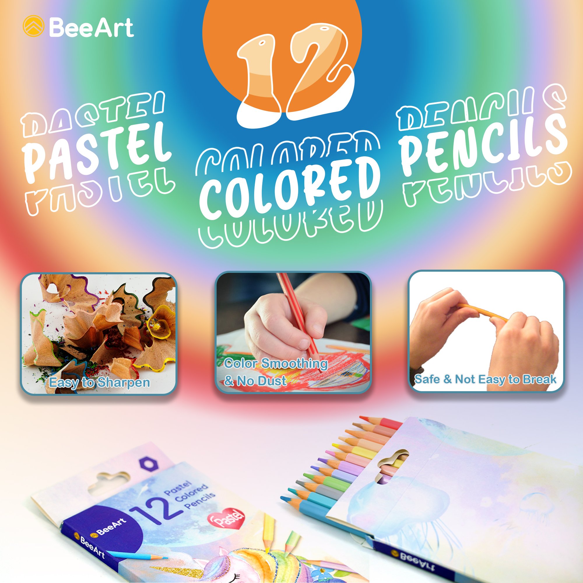BeeArt Erase Colored Pencils, Plastic, Pastel coloring for adult and kids, Pack of 12